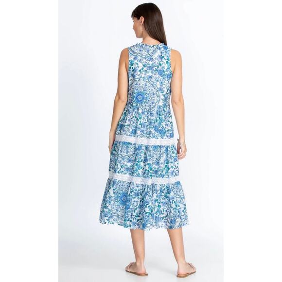 Johnny Was Aster Tiered Midi Dress White Blue Floral XL 100% Linen Boho - Picture 3 of 12